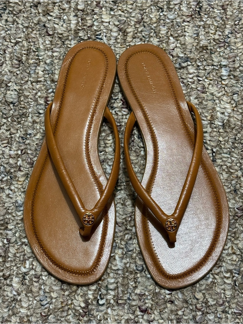 Tory Burch Leather Flip-Flop Sandals in Tan - Classic Miller Logo